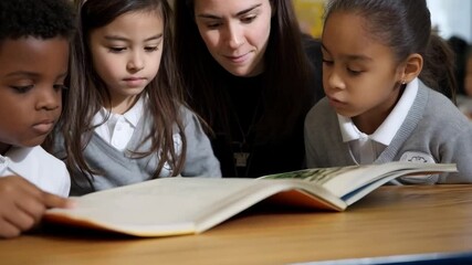 Teacher reading aloud to a group of young diverse students in a classroom, fostering literacy and a love for learning in a friendly school environment. - Powered by Adobe
