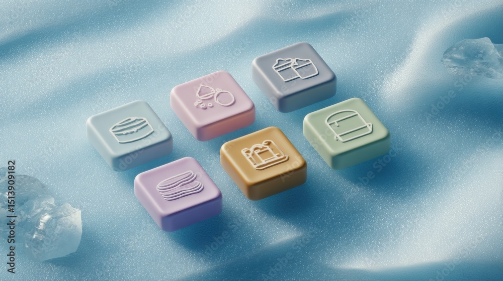 Poster display of frozen food brand icons on an icy gradient background with a clean center layout for vari