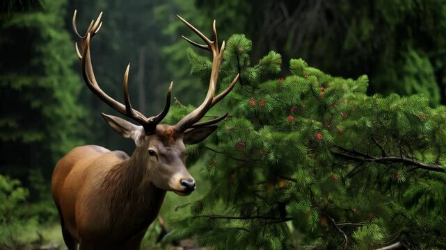 Majestic stag with antlers standing amidst a lush forest with pine trees, wild brown mammal, nature, animal and wildlife environment