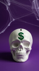 Skull coin bank with dollar sign on purple &ndash; Halloween finance symbol, eerie wealth