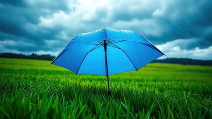 umbrella amidst a heavy rainstorm on a lush green meadow