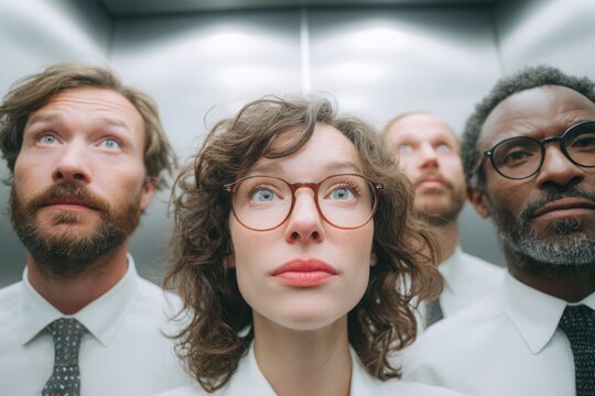 Diverse group of professionals in an elevator, focused and contemplative