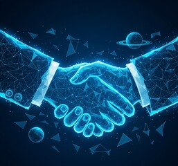 Abstract image of Business handshake in glowing blue. Low polygon, particle, and triangle style design.Wireframe light connection structure or points, lines, and shapes in the form of planets, stars