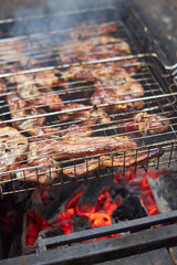 Close-up of a grill with lamb shashlik cooking over hot coals.