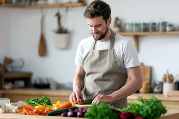 A young man enjoys cooking as he skillfully chops fresh vegetables in a stylish kitchen