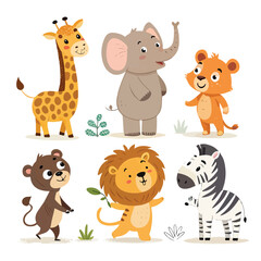 Obraz premium Cute Wild Animals in Standing position Vector Illustration. Animals include a giraffe, elephant, tiger, bear, hippo, monkey, lion, deer, zebra, and fox. See Less By JungleOutThere