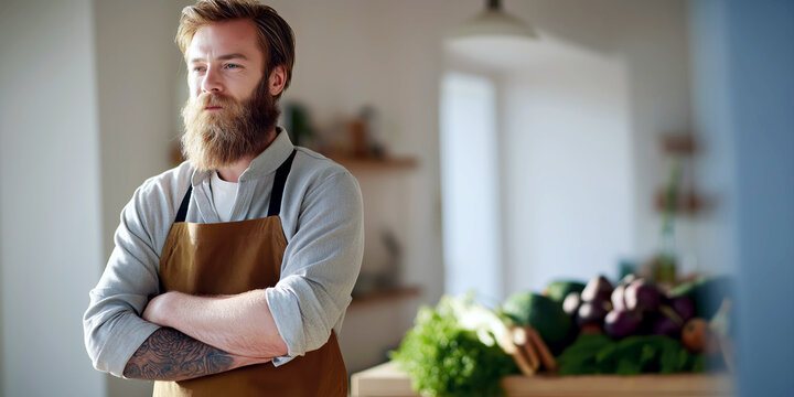 A calm male cook stands confidently in a modern kitchen, surrounded by vibrant, fresh ingredients.