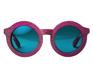 A pair of sunglasses with a blue lens and a pink frame