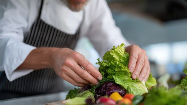 A young male chef carefully prepares a healthy vegetable dish with fresh ingredients in a modern kitchen