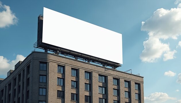 Wide blank white billboard atop building against blue sky. Mockup advertising space for business, brand promotion, media, marketing. Urban city life concept. Advertising display for commercial