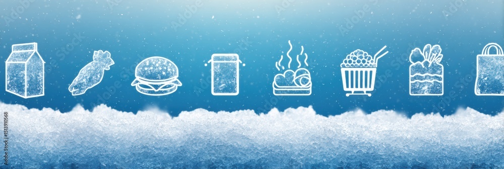 Poster display of frozen food brand icons over a clean icy gradient layout emphasizing various frozen produ