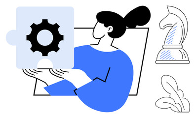 Woman holds a gear puzzle piece, symbolizing solutions and innovation, beside a knight chess figure reflecting strategy and tactics. Ideal for problem-solving, business, planning, collaboration