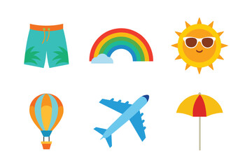 Fun and vibrant summer element set with beach and travel icons vector illustration.