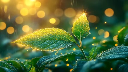 Dew kissed leaves glistening under golden light, a serene natural beauty concept