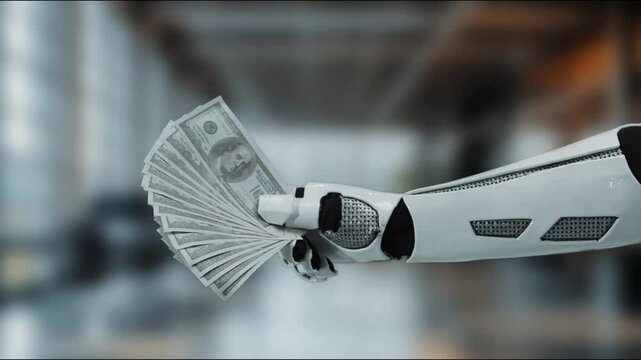 A futuristic robotic hand elegantly holds a fan of cash, representing themes of automation, technology, and modern finance in a sleek office setting. MZL