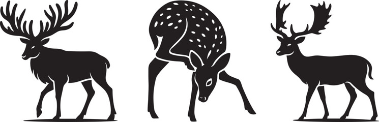 Majestic deer silhouettes forest setting, Nature wildlife animals in black outline © jakircreativedesign