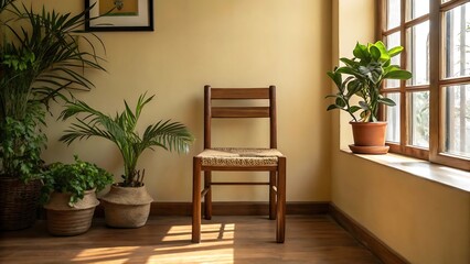 Elegant wooden chair with woven seat surrounded by indoor plants creating a warm and inviting space.