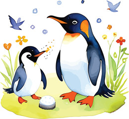 Obraz premium Playful Penguin Watercolor Illustration Cute Animal Family Art For Childrens Decor And Educational Resources Featuring Birds Flowers And Gentle Colors