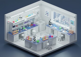 Isometric 3D model of a modern science lab with colorful liquids and equipment