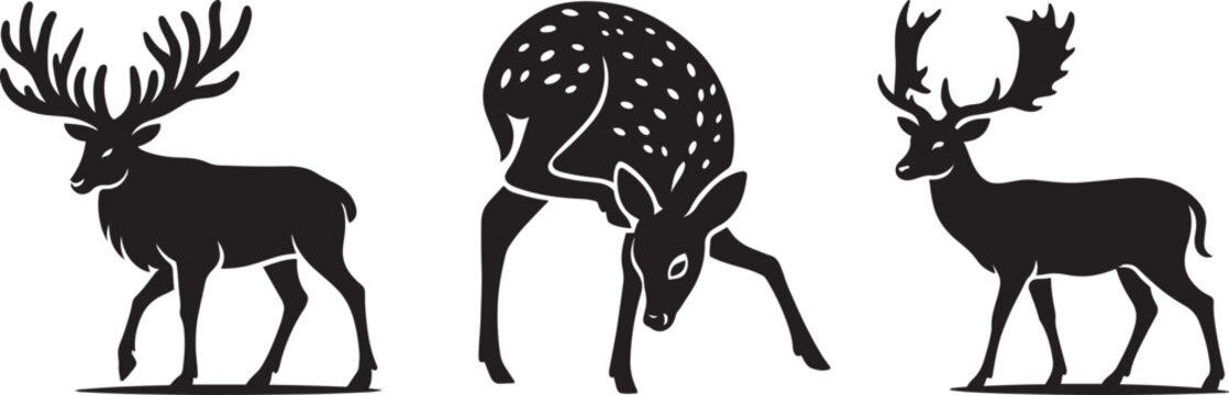 Majestic deer silhouettes forest setting, Nature wildlife animals in black outline