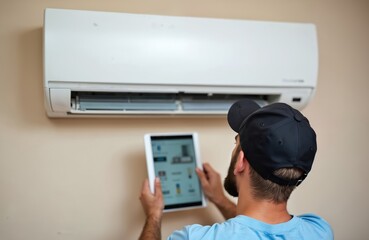 Male technician services air conditioner unit. Person with tablet diagnoses repairs. Smart home concept. Air conditioning maintenance. HVAC engineer checks climate control system.