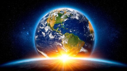Fototapeta premium Earthrise: A Stunning Global Panorama - Majestic sunrise over Earth, symbolizing new beginnings, global unity, environmental awareness, technological advancement, and cosmic wonder