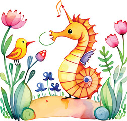Obraz premium Whimsical Watercolor Seahorse Illustration Cartoon Sea Life Artwork For Childrens Decor Educational Materials And Cute Design Projects