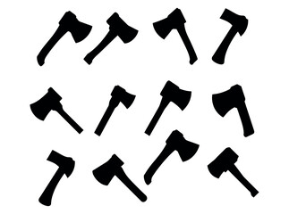 Black Axe Silhouettes for Design, collection of black silhouette ax heads and handles in various orientations against a pure white background. axe, ax, hatchet, silhouette, black and white, black, whi