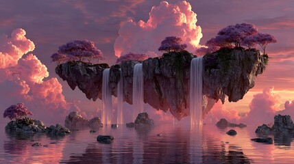 Floating Island with Crystal Waterfalls Under a Purple Sky