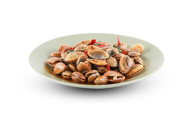 Stir-fried Clams with Chilli Paste isolated on white background with clipping path. Stir fried...