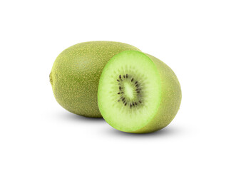 Close up of kiwi fruit and cut in halves isolated on white background with clipping path.