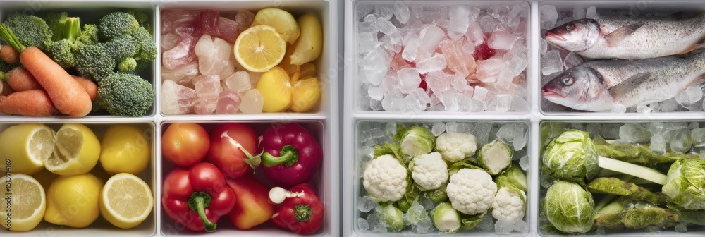 Poster comparing shelf life of fresh and frozen food with vegetables, fruits, and fish displayed in clear s