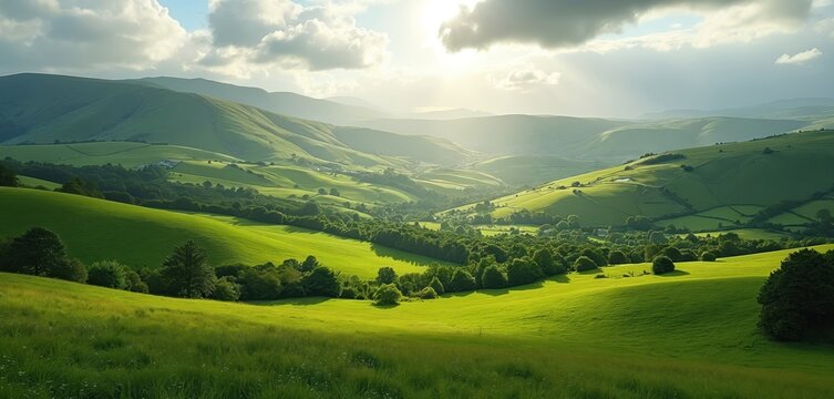 Rich green hills, valleys in County Tyrone Ireland. Panoramic vista of rolling hills, countryside, rural landscape with green grass. Misty, foggy, sunlit morning, evening view of hillside. Scenic