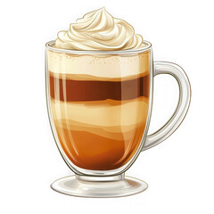 Layered coffee drink with whipped cream in glass mug