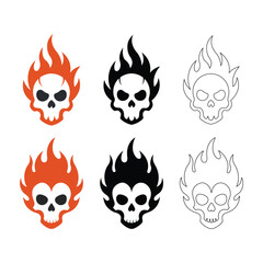 Halloween skull set with blazing fire flame in spooky art style vector illustration.