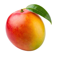 Perfectly ripe mango with green leaf isolated on a smooth black background