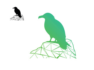 Geometric Raven Perched on a Triangular Rock, stylized illustration of a raven perched atop a polygon-shaped rock. wildlife, animal, nature, rock,  silhouette, gradient, green, logo, raven logo, line 