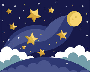 Magical Night Sky. Stars. Moon. and Clouds over a Dreamy Landscape