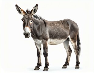 A full body shot of a gray donkey standing in a white studio looking directly at the viewer calmly