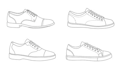 set of outline Cool Sneakers. Shoes sneaker outline drawing vector, Sneakers drawn in a sketch style, sneaker trainers template outline, Set Collection. vector Illustration.