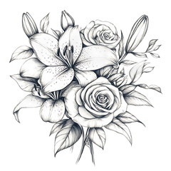 Vintage Floral Engraving Illustration with Rose Lily and Transparent Background Isolated