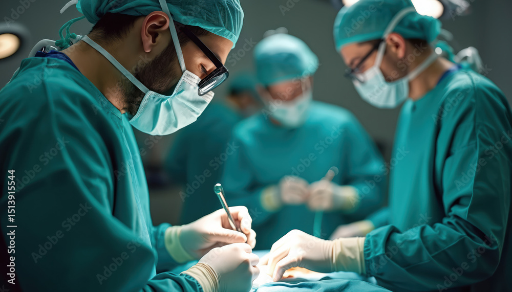 Poster surgeons in scrubs perform minimally invasive surgery with precision in operating room. medical team