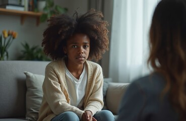 Depressed African American teenage girl in psychologist office. Girl looks sad unhappy troubled while consulting therapist about mental health issues. Teenager struggle with emotional distress.
