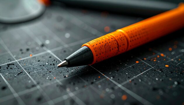 A close up shot of an orange pen on a black cutting mat with white lines and small paint splatters