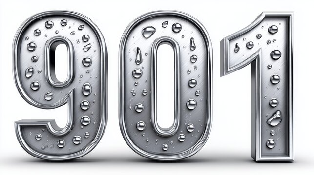 Number 901: Chrome with Water Droplets - Shiny chrome number 901 with water droplets, isolated on white background. Perfect for websites, presentations, and design projects