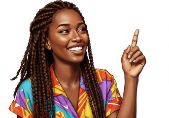 Smiling black woman pointing up isolated on white background