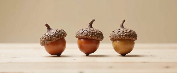 Three polished acorns lined up on beige background — use for natural-themed banners, eco-friendly brands or minimal clipart