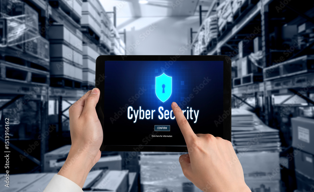 Poster cyber security system on computer screen protect private information snugly from hacker and cyber at