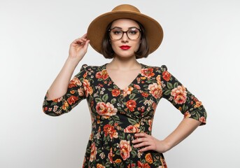 Woman in floral dress and straw hat isolated on white background