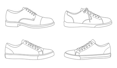 set of outline Cool Sneakers. Shoes sneaker outline drawing vector, Sneakers drawn in a sketch style, sneaker trainers template outline, Set Collection. vector Illustration.